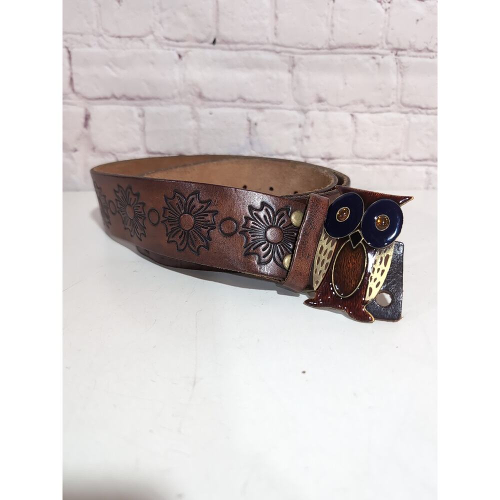 Vintage Hollister Y2K Leather Owl Belt Sz S Boho Enamel Buckle Tooled Floral